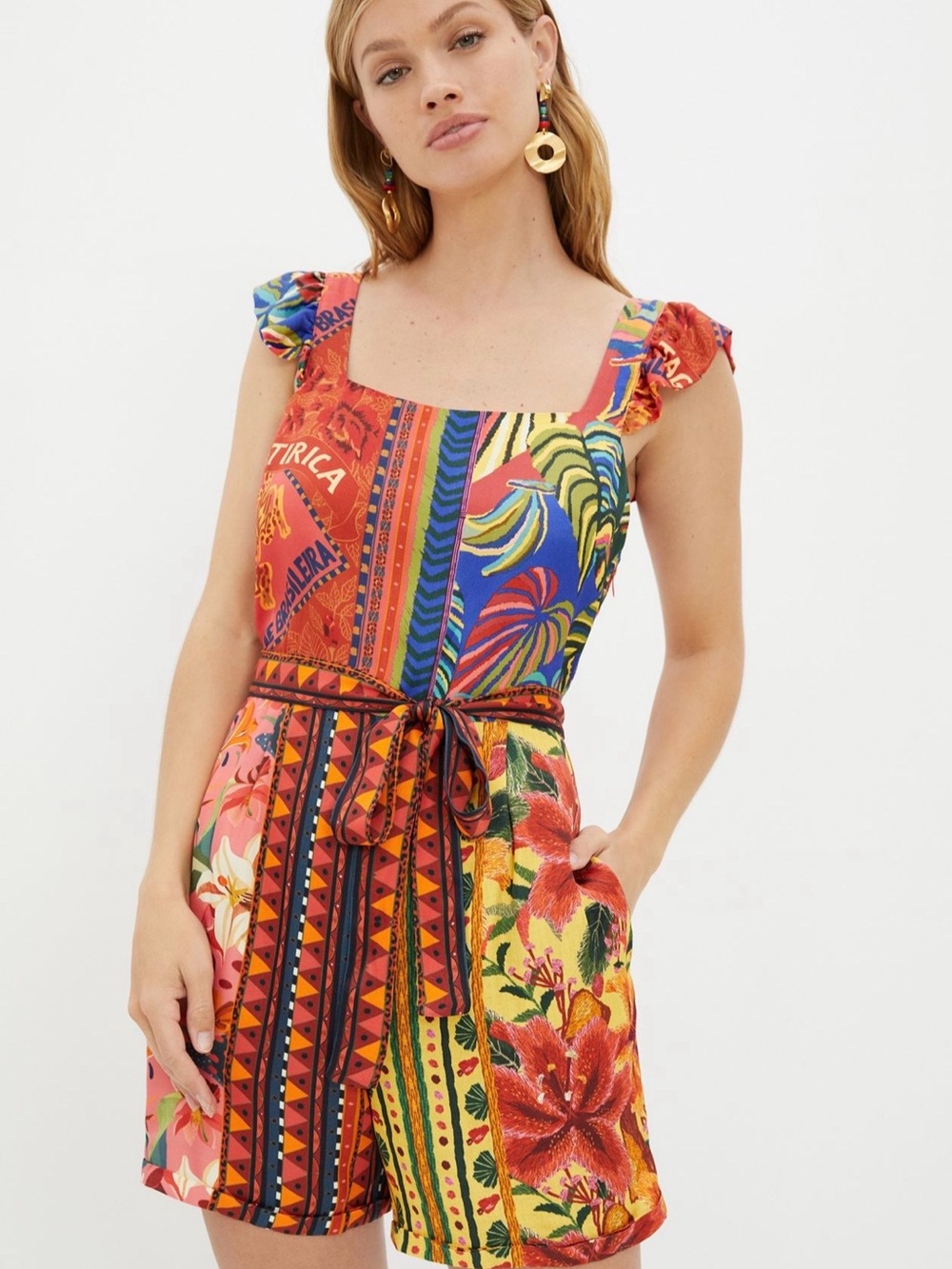 Anthropologie X Farm Rio Multicolor Patchwork Floral Square-Neck Romper